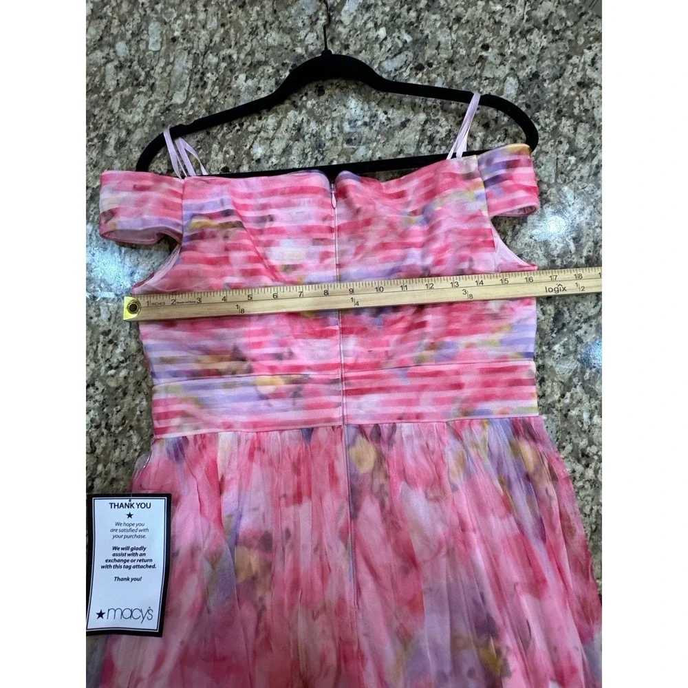 Adrianna Papell Off-the-Shoulder Floral Tulle Pink Gown Size US 8 Petite $300 - Picture 8 of 14